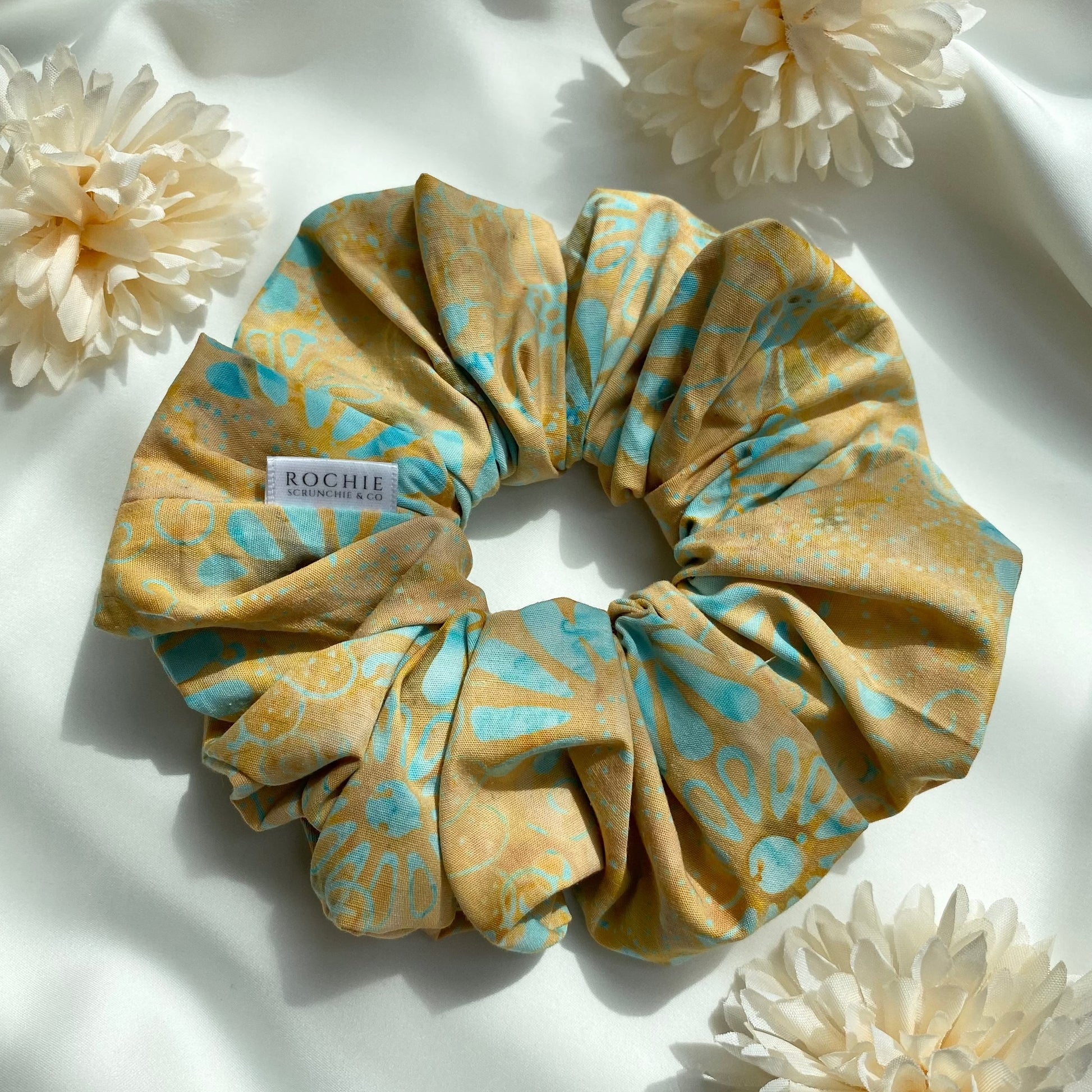 Handmade hair scrunchies | Sandy Beach hair scrunchies |  Rochie Scrunchie & Co