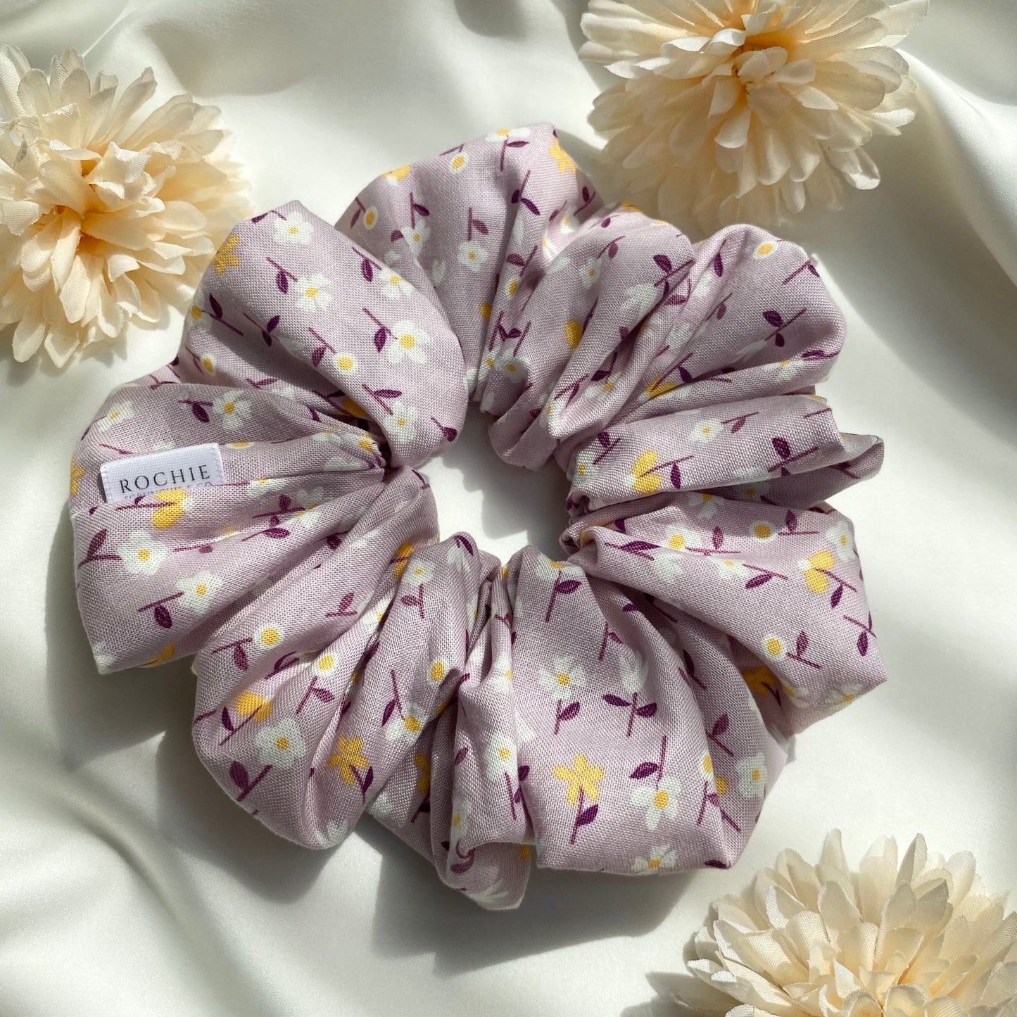 Handmade hair scrunchies | Lavender Daisy scrunchies |  Rochie Scrunchie & Co