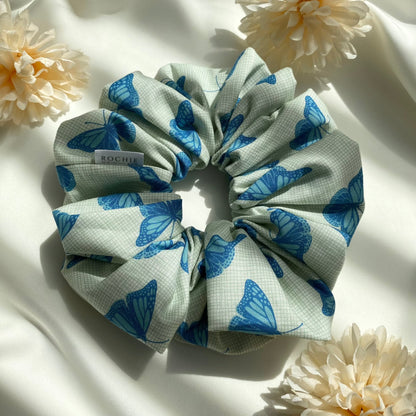 Handmade hair scrunchies | Blue Morpho hair scrunchies | Rochie Scrunchie & Co